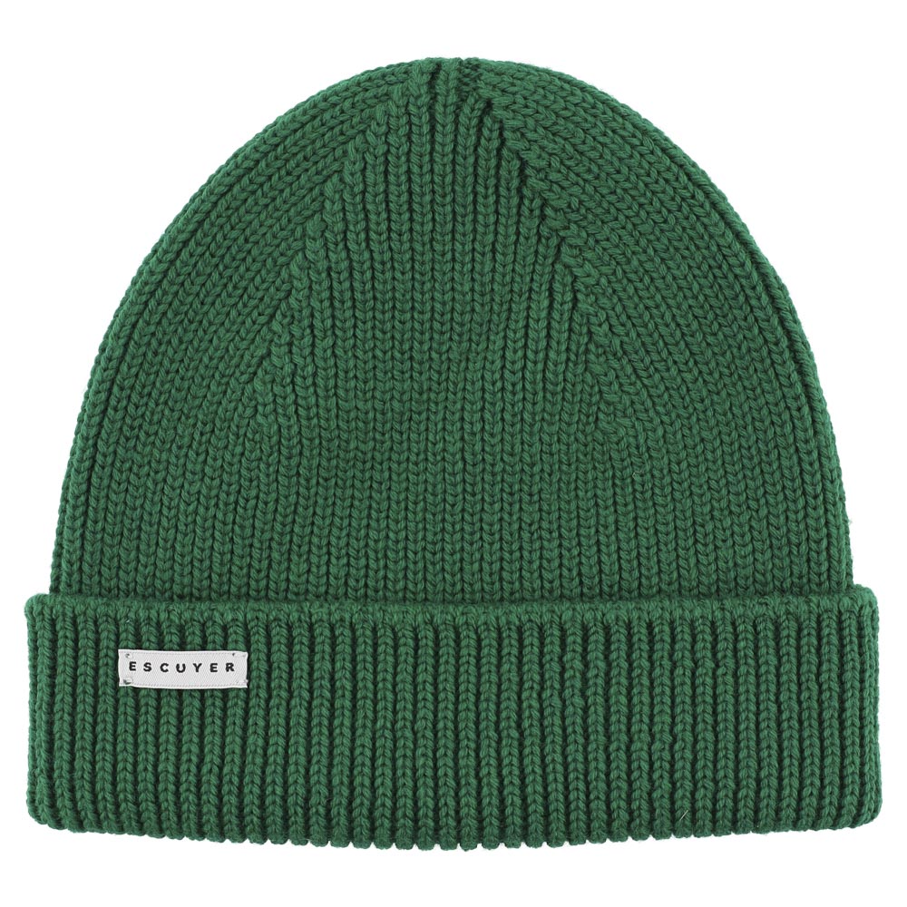 Green knit beanie with a visible brand label on a white background