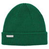 Green knit beanie with a visible brand label on a white background