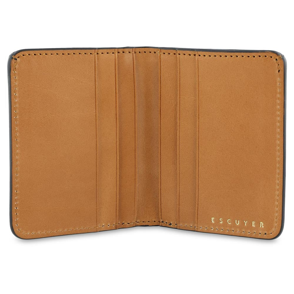 Escuyer blue camouflage slim wallet open — 6 card slots in natural leather interior