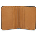 Escuyer blue camouflage slim wallet open — 6 card slots in natural leather interior
