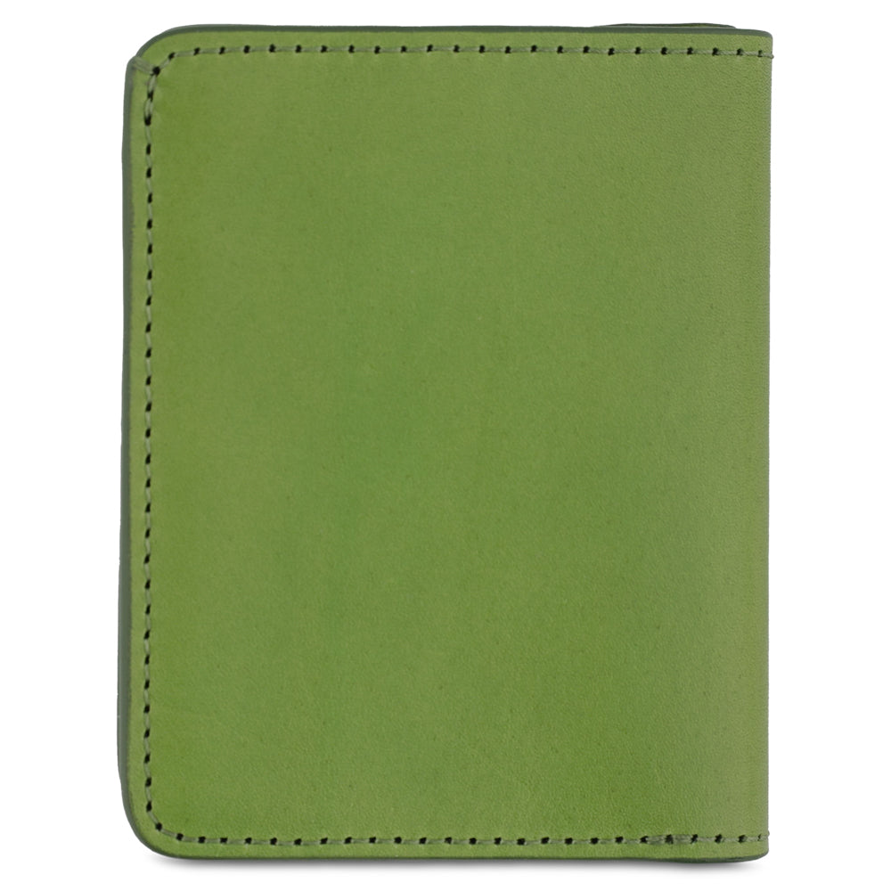 Escuyer jungle green slim wallet showing slim profile and hand painted edges