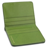 Escuyer jungle green slim wallet showing bill sleeve in natural leather interior
