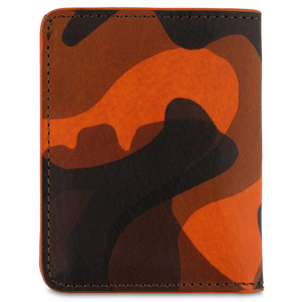 Escuyer orange camouflage slim wallet showing hand-dyed burnt orange and brown camo pattern
