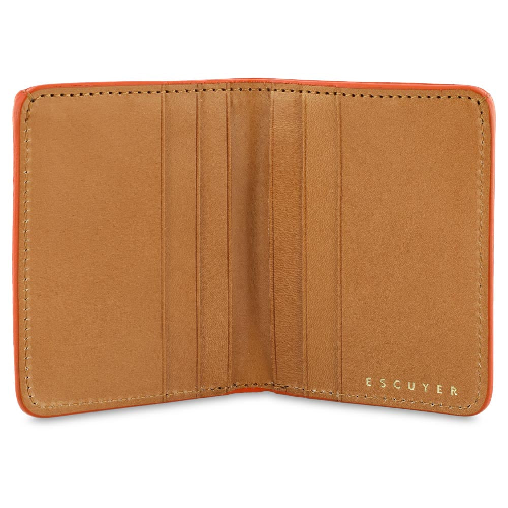 Escuyer orange camouflage slim wallet open — 6 card slots in natural leather interior