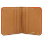 Escuyer orange camouflage slim wallet open — 6 card slots in natural leather interior