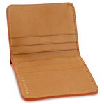 Escuyer orange camouflage slim wallet showing bill sleeve in natural leather interior