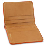 Escuyer orange camouflage slim wallet showing bill sleeve in natural leather interior