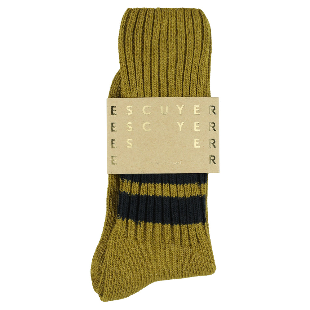 Men's striped crew socks in cumin and blue, slub cotton, made in Portugal by Escuyer