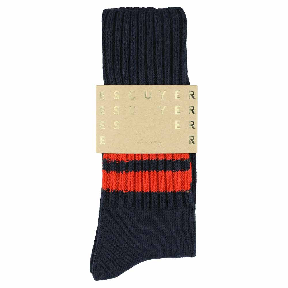 Men's striped crew socks in blue and orange, slub cotton, made in Portugal by Escuyer
