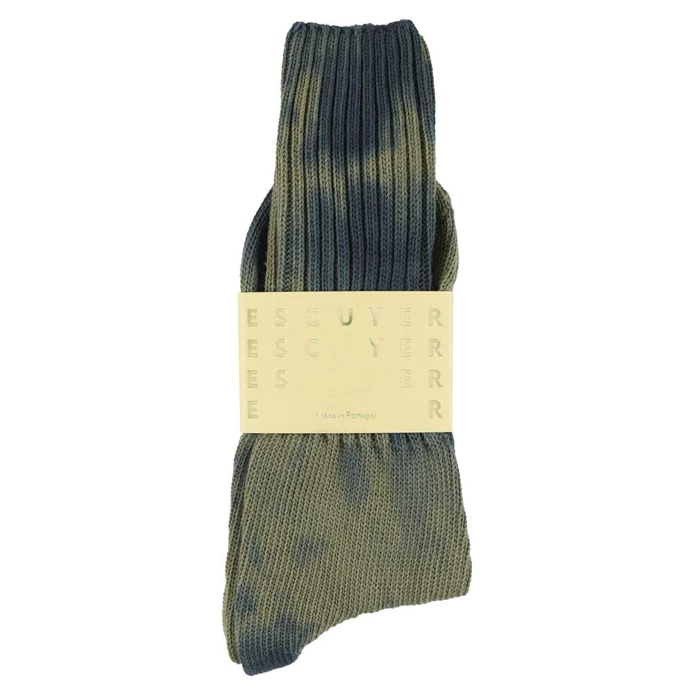 One-of-a-kind men's tie dye crew socks in navy and olive, hand-dyed, made in Portugal by Escuyer