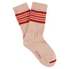 Pink sock with red and white stripes on a white background