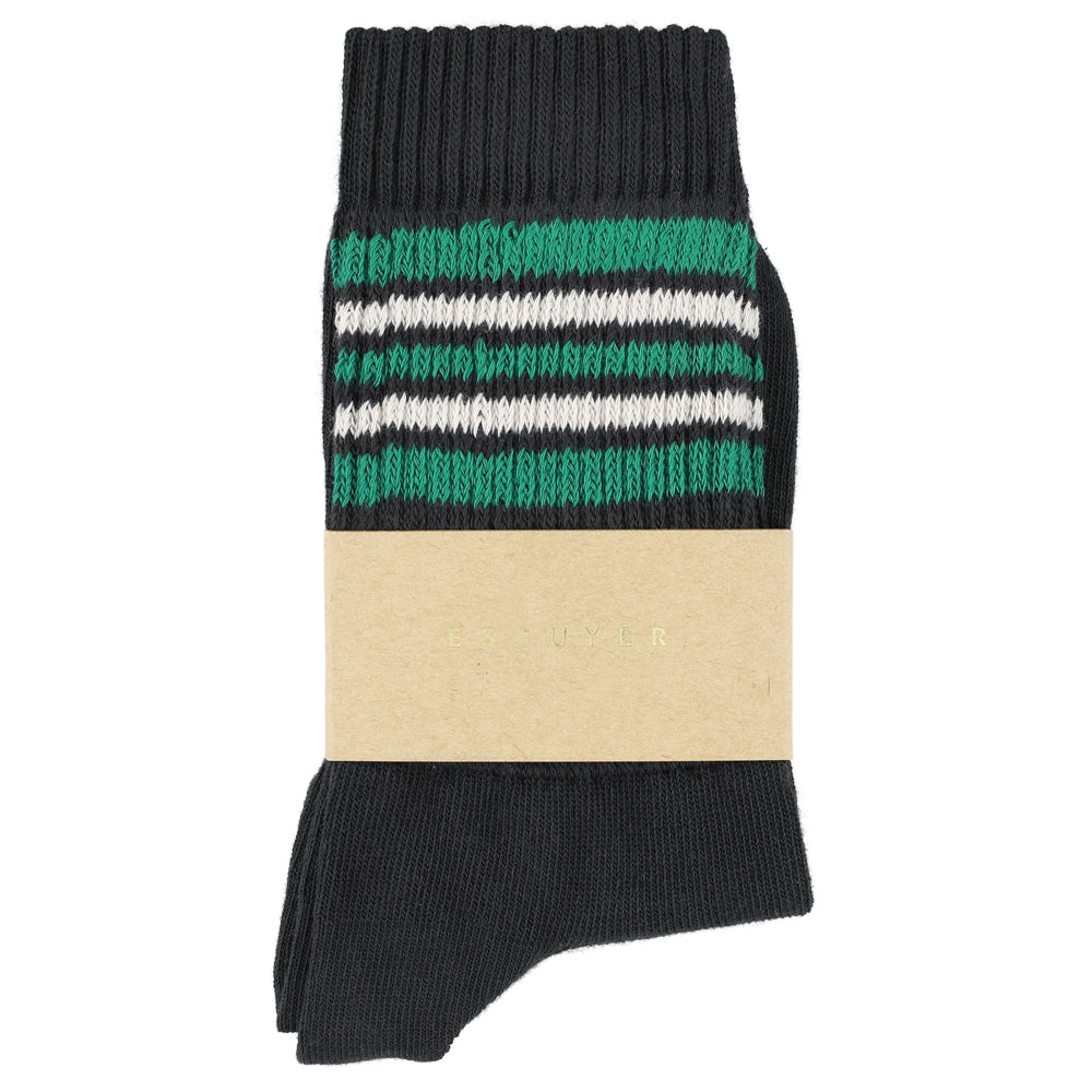 Escuyer Women's 5 Stripes Socks black green ecru — hand-linked toe, soft Italian cotton yarn, made in Portugal