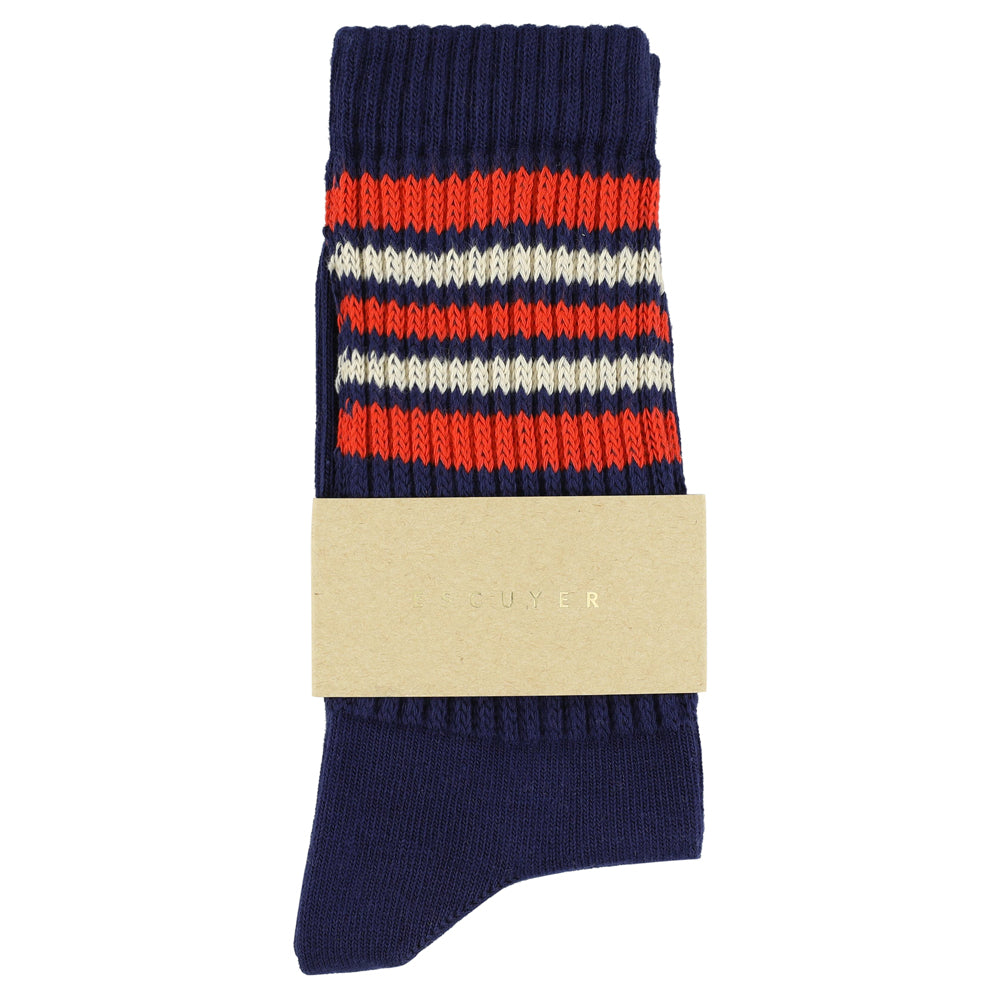 Escuyer Women's 5 Stripes Socks blue orange ecru — hand-linked toe, soft Italian cotton yarn, made in Portugal
