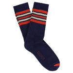 Escuyer Women's 5 Stripes Socks in blue, orange and ecru — vintage athletics design, knitted on vintage machines in Portugal