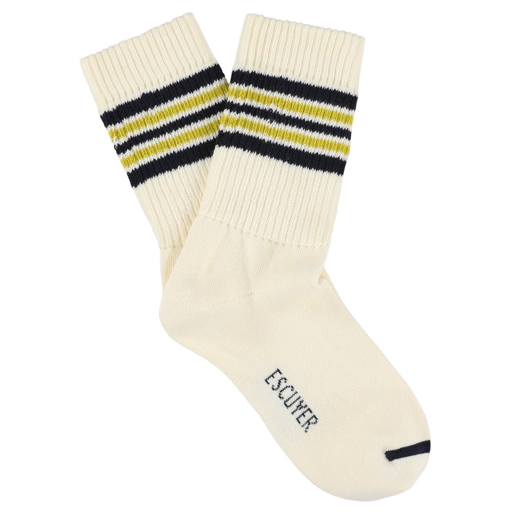 Escuyer Women's 5 Stripes Socks in ecru, blue and yellow — vintage athletics design, knitted on vintage machines in Portugal