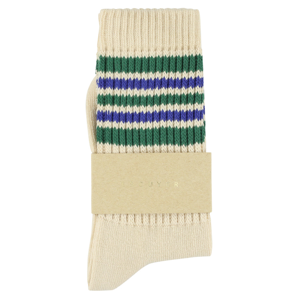 Escuyer Women's 5 Stripes Socks ecru green strong blue — hand-linked toe, soft Italian cotton yarn, made in Portugal