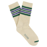 Escuyer Women's 5 Stripes Socks in ecru, green and strong blue — vintage athletics design, knitted on vintage machines in Portugal