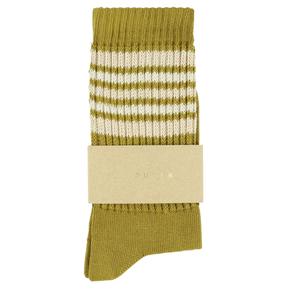 Escuyer Women's 5 Stripes Socks gold ecru — hand-linked toe, soft Italian cotton yarn, made in Portugal