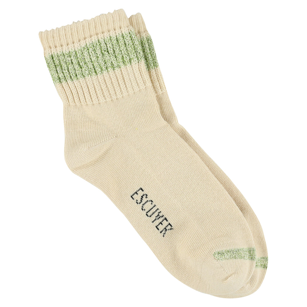 Escuyer Women Lurex Ankle Socks in Ecru with Avocado shimmer — cotton blend with lurex yarn, hand-linked toe, made in Portugal