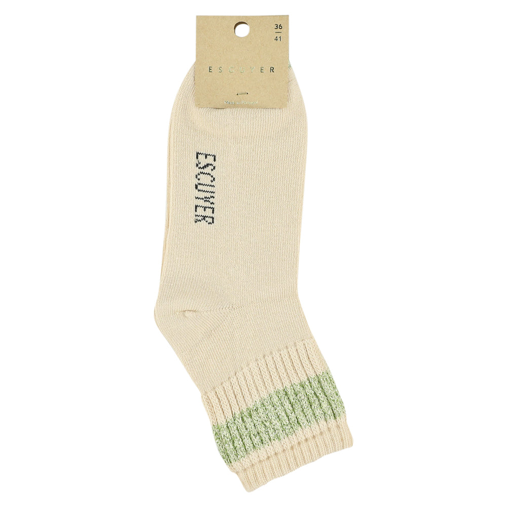 Close-up of Escuyer Women Lurex Ankle Socks Ecru / Avocado — earthy botanical lurex stripe at the cuff