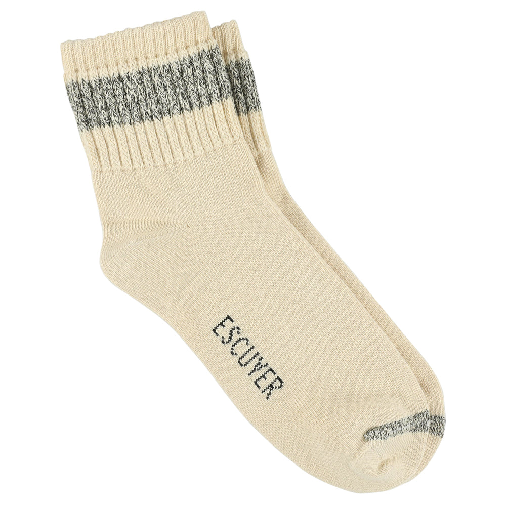 Escuyer Women Lurex Ankle Socks in Ecru with Black shimmer — cotton blend with lurex yarn, hand-linked toe, made in Portugal
