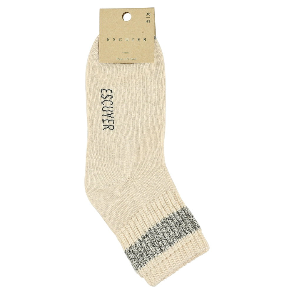 Close-up of Escuyer Women Lurex Ankle Socks Ecru / Black — monochrome metallic stripe detail at the cuff