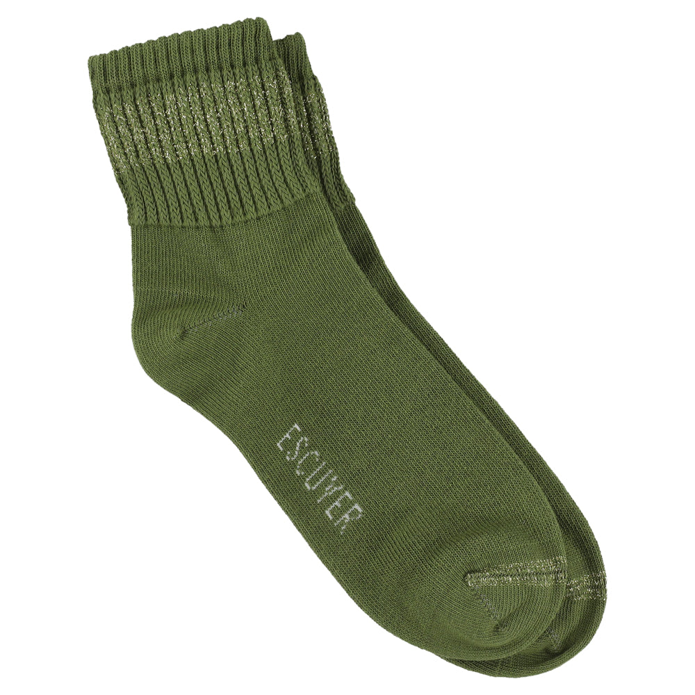 Escuyer Women Lurex Ankle Socks in Green with Gold shimmer — cotton blend with lurex yarn, hand-linked toe, made in Portugal