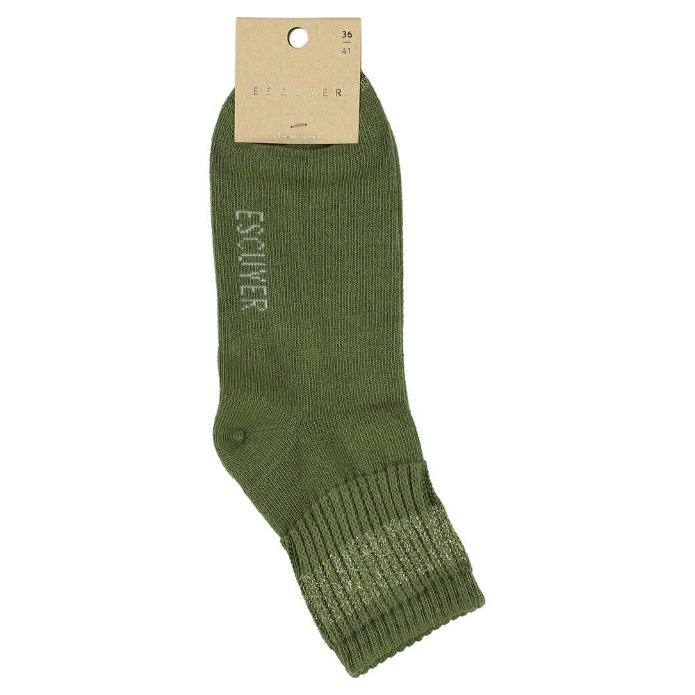 Close-up of Escuyer Women Lurex Ankle Socks Green / Gold — botanical gold lurex stripe at the cuff