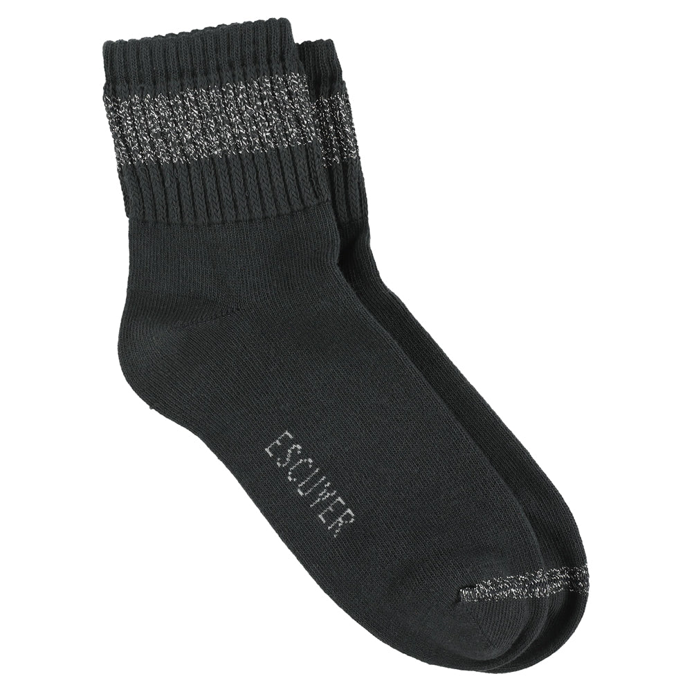Escuyer Women Lurex Ankle Socks in Off Black with Silver shimmer — cotton blend with lurex yarn, hand-linked toe, made in Portugal