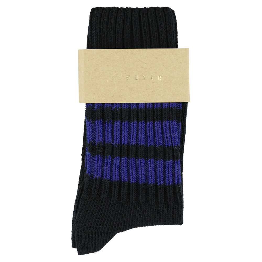 Women's striped crew socks in blue and bright blue, slub cotton, made in Portugal by Escuyer