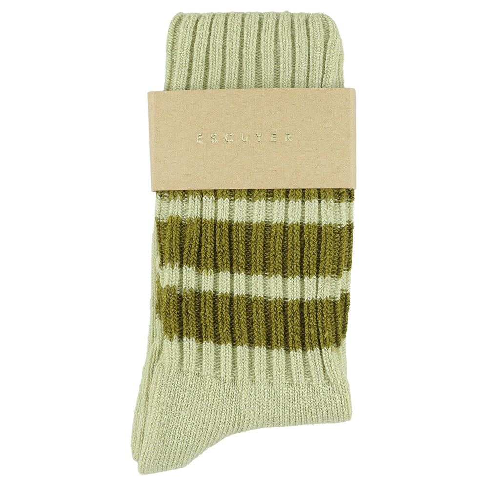 Women's striped crew socks in light green and ecru, slub cotton, made in Portugal by Escuyer