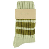 Women's striped crew socks in light green and ecru, slub cotton, made in Portugal by Escuyer