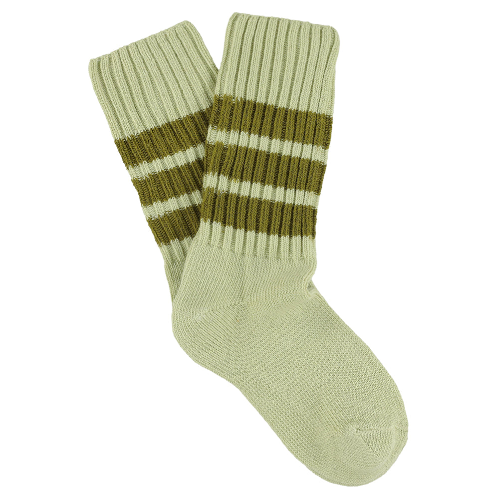 Women's striped crew socks in light green and ecru, slub cotton, made in Portugal by Escuyer