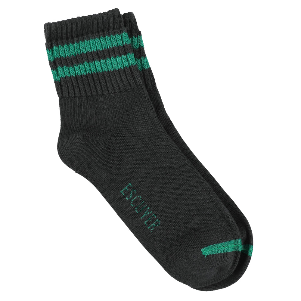 Escuyer Women Striped Ankle Socks in Off Black and Green — cotton blend, hand-linked toe, made in Portugal