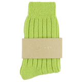 Close-up of Escuyer Lime women's cashmere crew socks — 10% cashmere, 38% virgin wool, GRS certified recycled polyamide