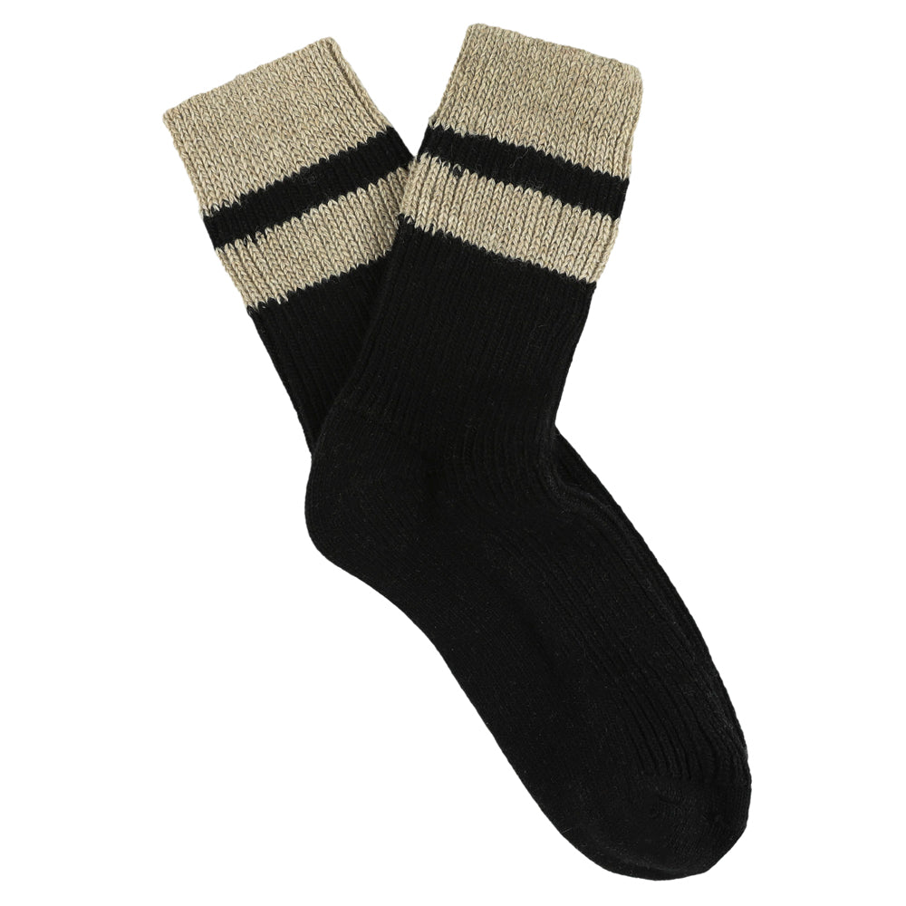 Escuyer women's striped cashmere socks in Black and Beige — mid-calf crew cut, premium cashmere and virgin wool blend, handmade in Portugal