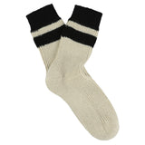 Escuyer women's striped cashmere socks in Ecru and Black — mid-calf crew cut, premium cashmere and virgin wool blend, handmade in Portugal