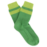 Escuyer women's striped cashmere socks in Golf Green and Lime — mid-calf crew cut, premium cashmere and virgin wool blend, handmade in Portugal
