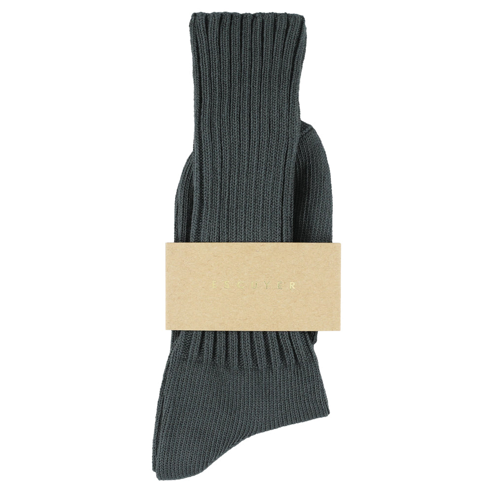 Women's ribbed crew socks in blue grey, slub cotton, made in Portugal by Escuyer