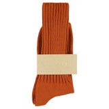 Women's ribbed crew socks in dark orange, slub cotton, made in Portugal by Escuyer