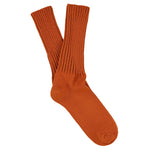 Women's ribbed crew socks in dark orange, slub cotton, made in Portugal by Escuyer