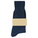 Women's ribbed crew socks in majolica blue, slub cotton, made in Portugal by Escuyer