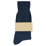 Women's ribbed crew socks in majolica blue, slub cotton, made in Portugal by Escuyer