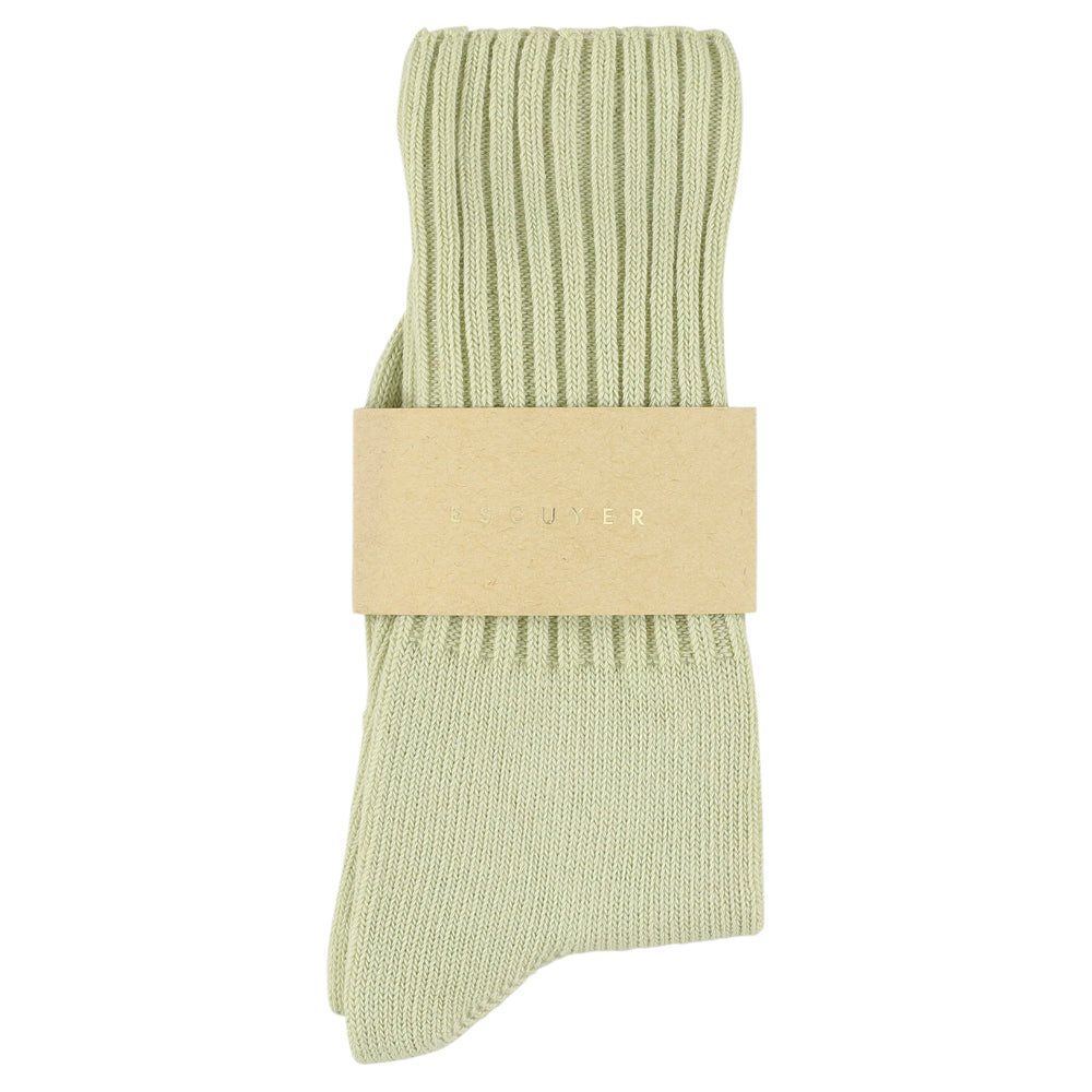 Women's ribbed crew socks in off green, slub cotton, made in Portugal by Escuyer
