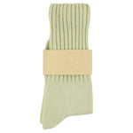 Women's ribbed crew socks in off green, slub cotton, made in Portugal by Escuyer
