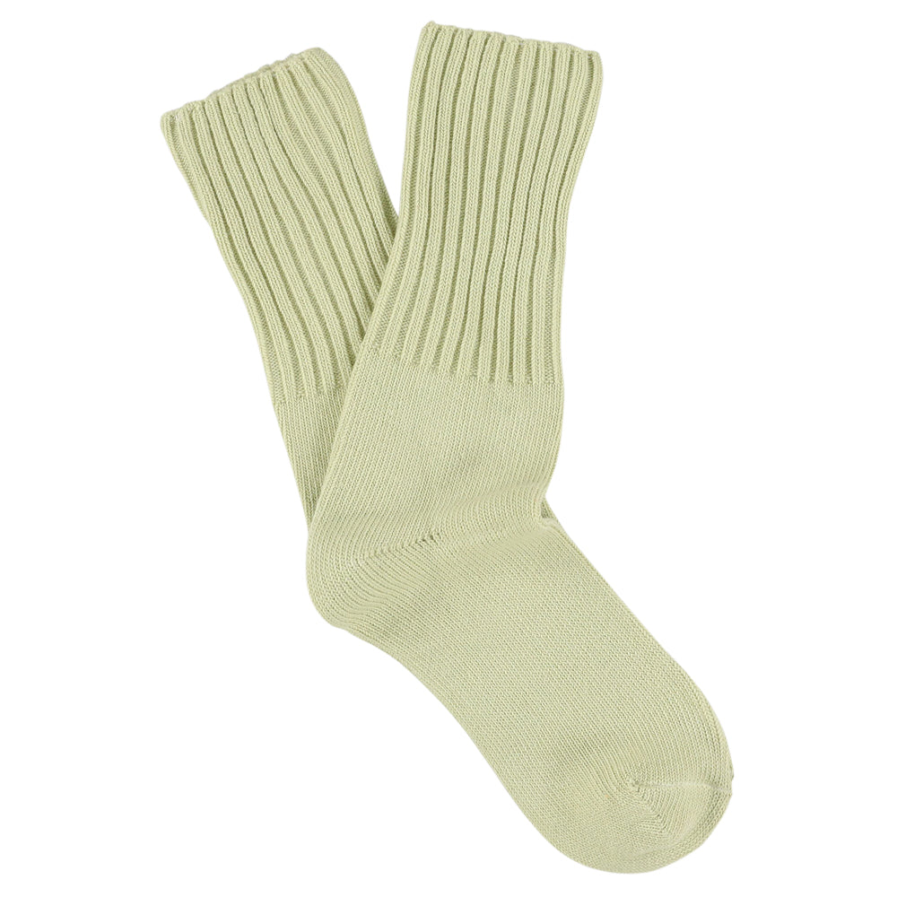 Women's ribbed crew socks in off green, slub cotton, made in Portugal by Escuyer