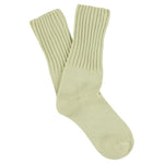 Women's ribbed crew socks in off green, slub cotton, made in Portugal by Escuyer