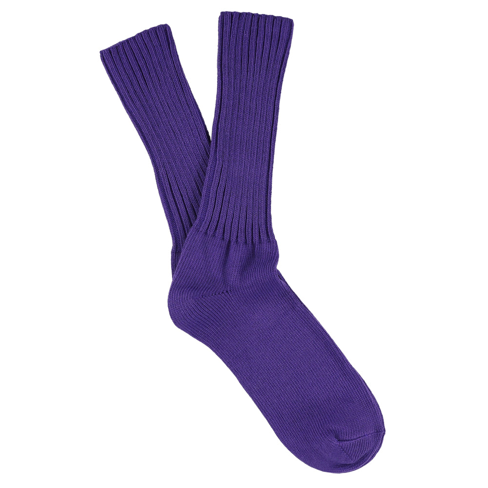 Women's ribbed crew socks in purple, slub cotton, made in Portugal by Escuyer