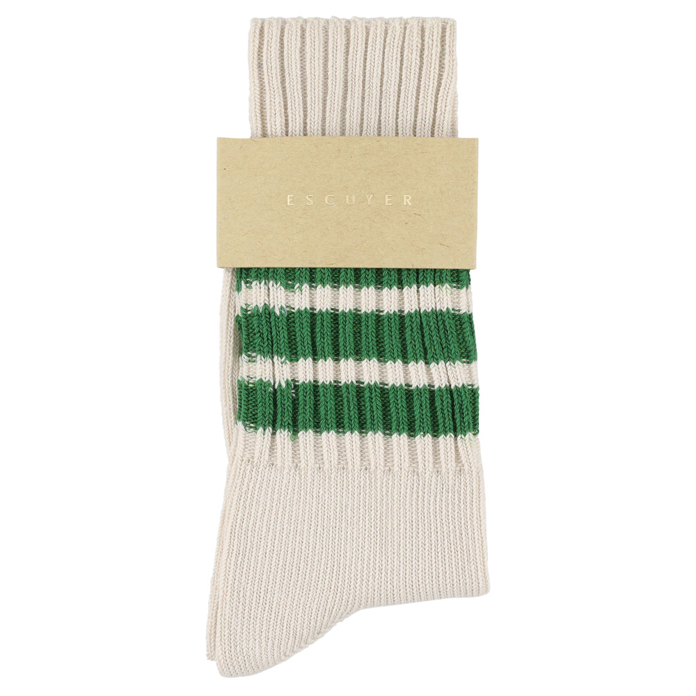 White sock with green stripes on a white background
