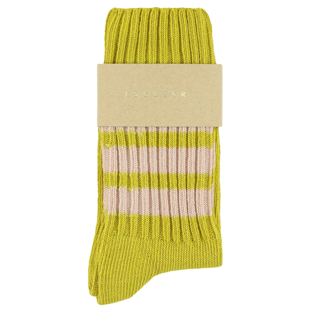 Women's striped crew socks in yellow and pink, slub cotton, made in Portugal by Escuyer